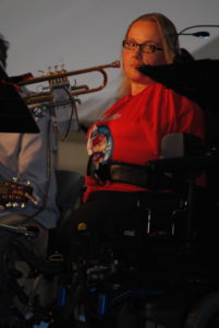 Ame plays her trumpet with her 3 toes operating solenoid valves.